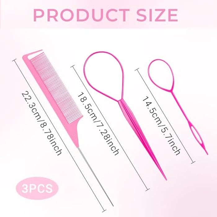 Wosyoodo Topsy Tail Hair Tool, Pink Hair Loop Pull Through Tool, French Braid Loop Tool with Rat Tail Comb, Hair Braiding Tool for Making Women and Girls Hair Style - Image 2